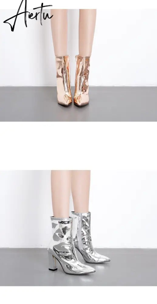 Fashion Gold Silver Patent Leather Women Ankle Boots Pointed Toe Square High Heels Shoes Chelsea Botas De Mujer Aiertu