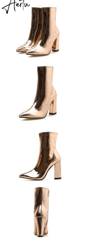 Fashion Gold Silver Patent Leather Women Ankle Boots Pointed Toe Square High Heels Shoes Chelsea Botas De Mujer Aiertu