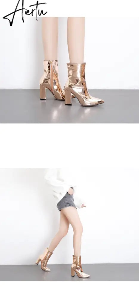 Fashion Gold Silver Patent Leather Women Ankle Boots Pointed Toe Square High Heels Shoes Chelsea Botas De Mujer Aiertu