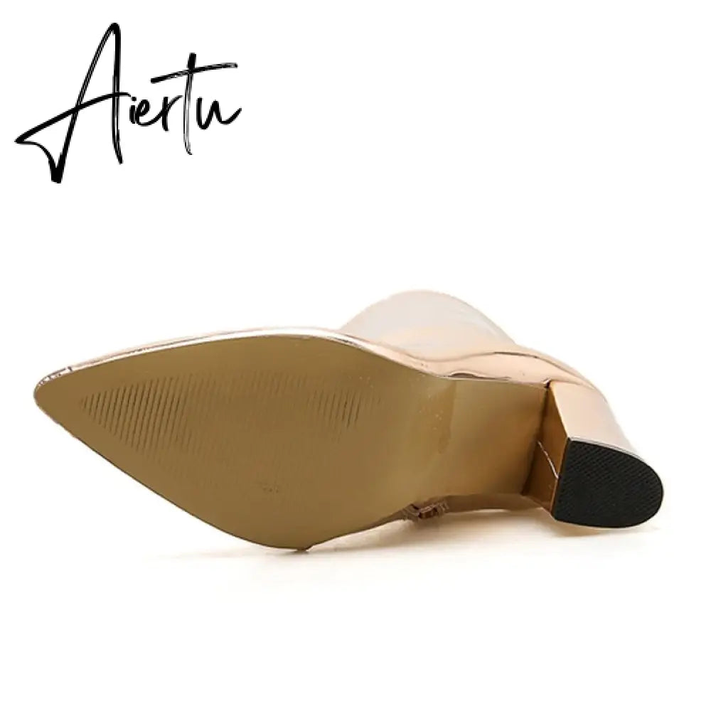 Fashion Gold Silver Patent Leather Women Ankle Boots Pointed Toe Square High Heels Shoes Chelsea Botas De Mujer Aiertu