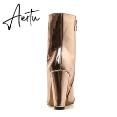 Fashion Gold Silver Patent Leather Women Ankle Boots Pointed Toe Square High Heels Shoes Chelsea Botas De Mujer Aiertu