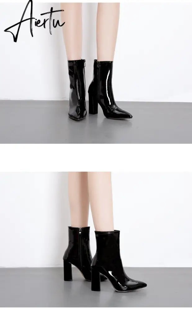 Fashion Gold Silver Patent Leather Women Ankle Boots Pointed Toe Square High Heels Shoes Chelsea Botas De Mujer Aiertu