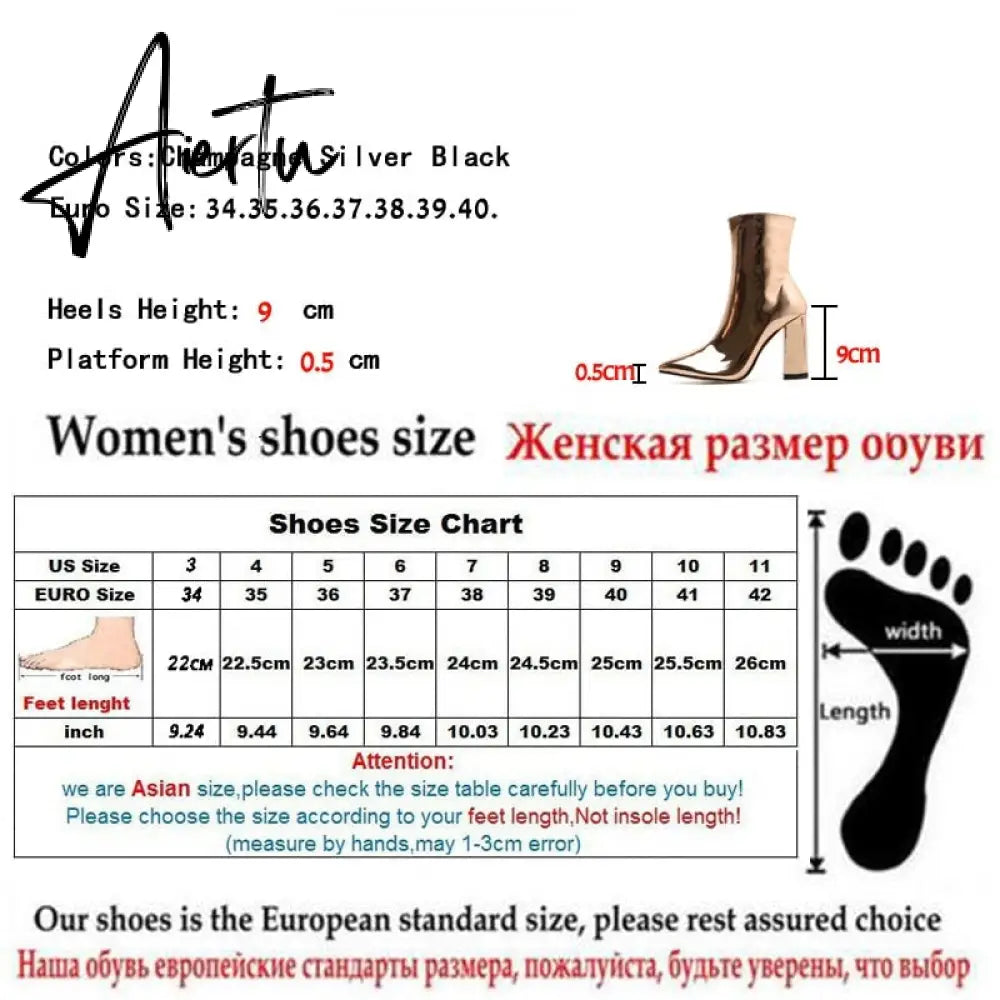 Fashion Gold Silver Patent Leather Women Ankle Boots Pointed Toe Square High Heels Shoes Chelsea Botas De Mujer Aiertu