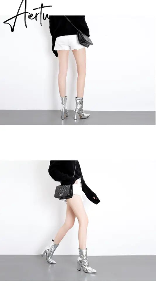 Fashion Gold Silver Patent Leather Women Ankle Boots Pointed Toe Square High Heels Shoes Chelsea Botas De Mujer Aiertu