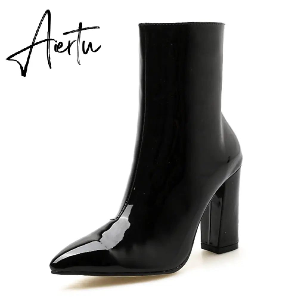 Fashion Gold Silver Patent Leather Women Ankle Boots Pointed Toe Square High Heels Shoes Chelsea Botas De Mujer Aiertu