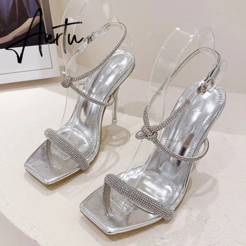 Fashion Golden Silver Rhinestone Women's Sandals Summer Party Wedding Shoes Open Toe Buckle Strap Transparent High Heels Aiertu