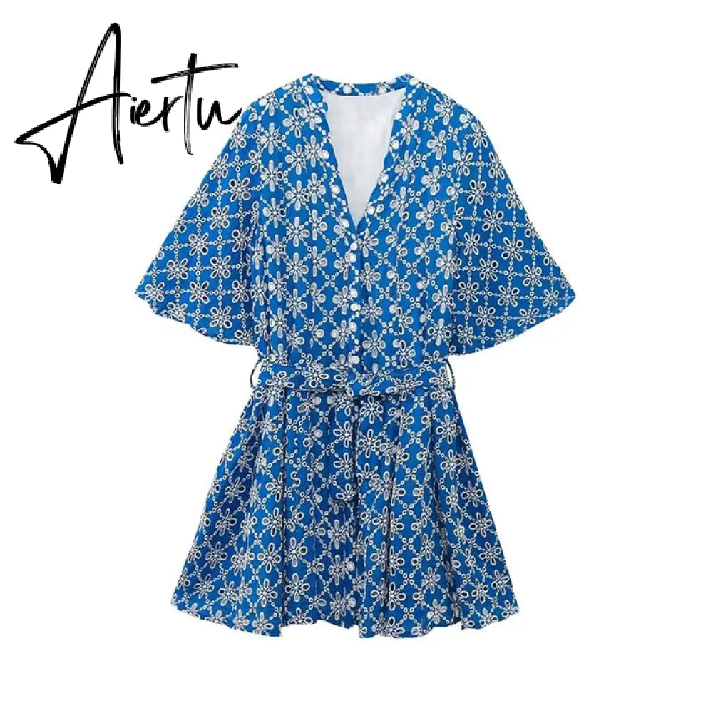 Fashion Hollow Belt Shirt Style Short Dresses Vintage V-neck Half Sleeve Mini Dress  Summer New Streetwear Vacation Vestidos Aiertu