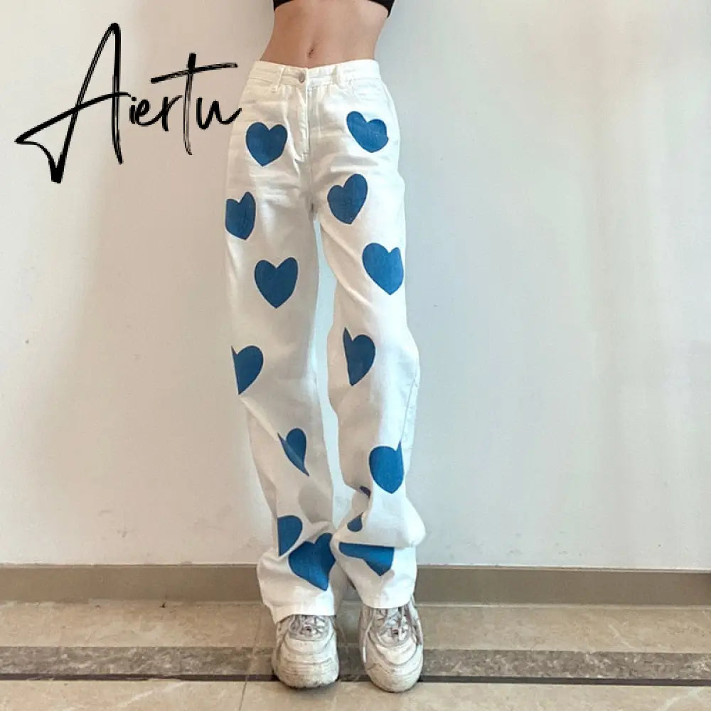Fashion love printed color  pants jeans contrast high waist straight leg jeans casual pants woman Aiertu