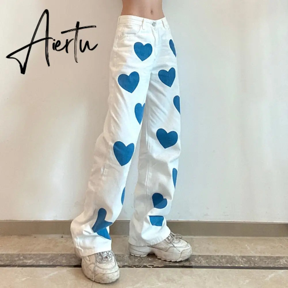 Fashion love printed color  pants jeans contrast high waist straight leg jeans casual pants woman Aiertu