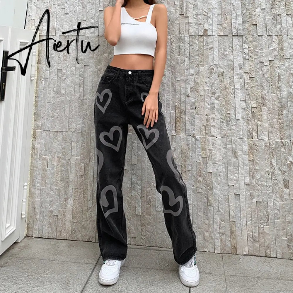 Fashion love printed color  pants jeans contrast high waist straight leg jeans casual pants woman Aiertu