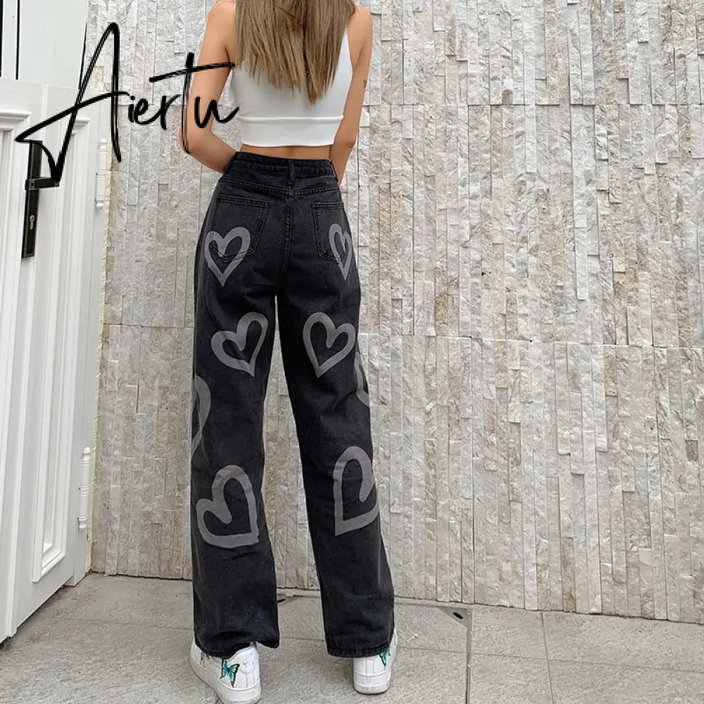 Fashion love printed color  pants jeans contrast high waist straight leg jeans casual pants woman Aiertu