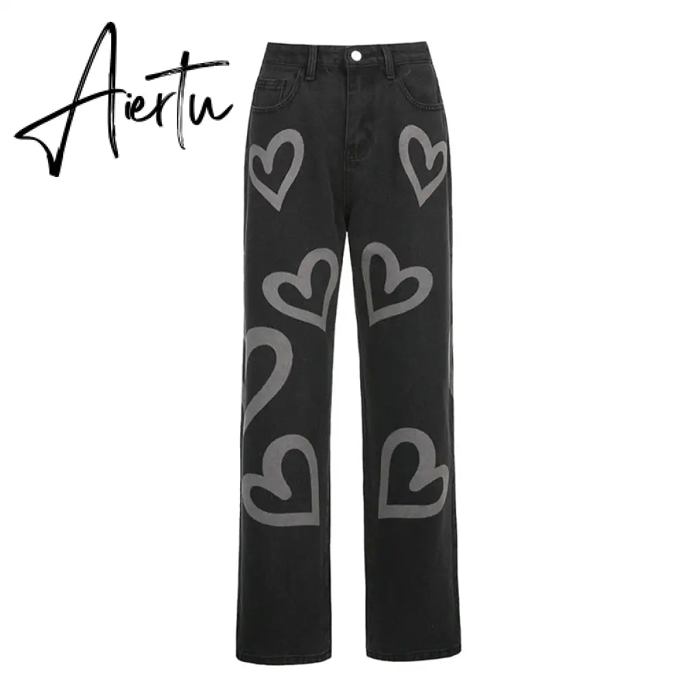 Fashion love printed color  pants jeans contrast high waist straight leg jeans casual pants woman Aiertu