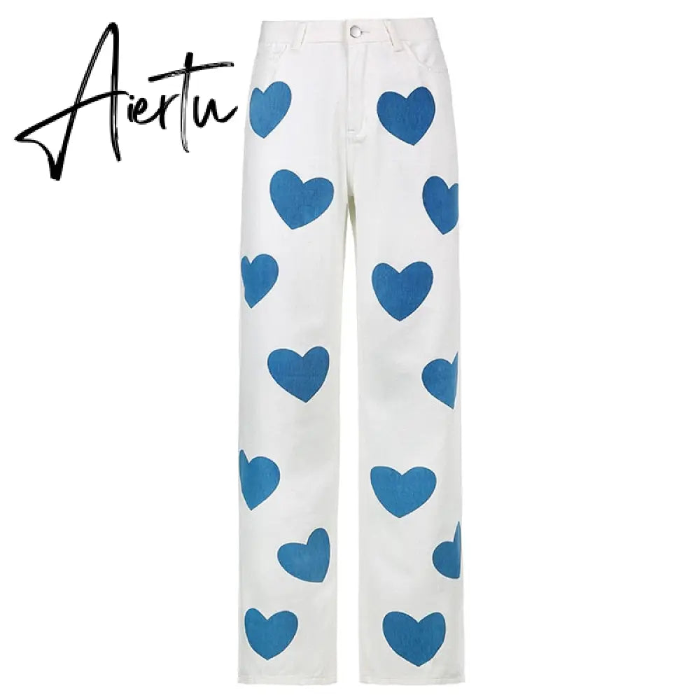 Fashion love printed color  pants jeans contrast high waist straight leg jeans casual pants woman Aiertu