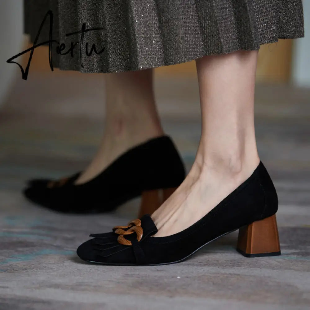 Fashion Newest Women Shoes Spring Thick Heels Pumps for Women Genuine Leather Kid Suede Office Lady Party Shoes for Women Aiertu