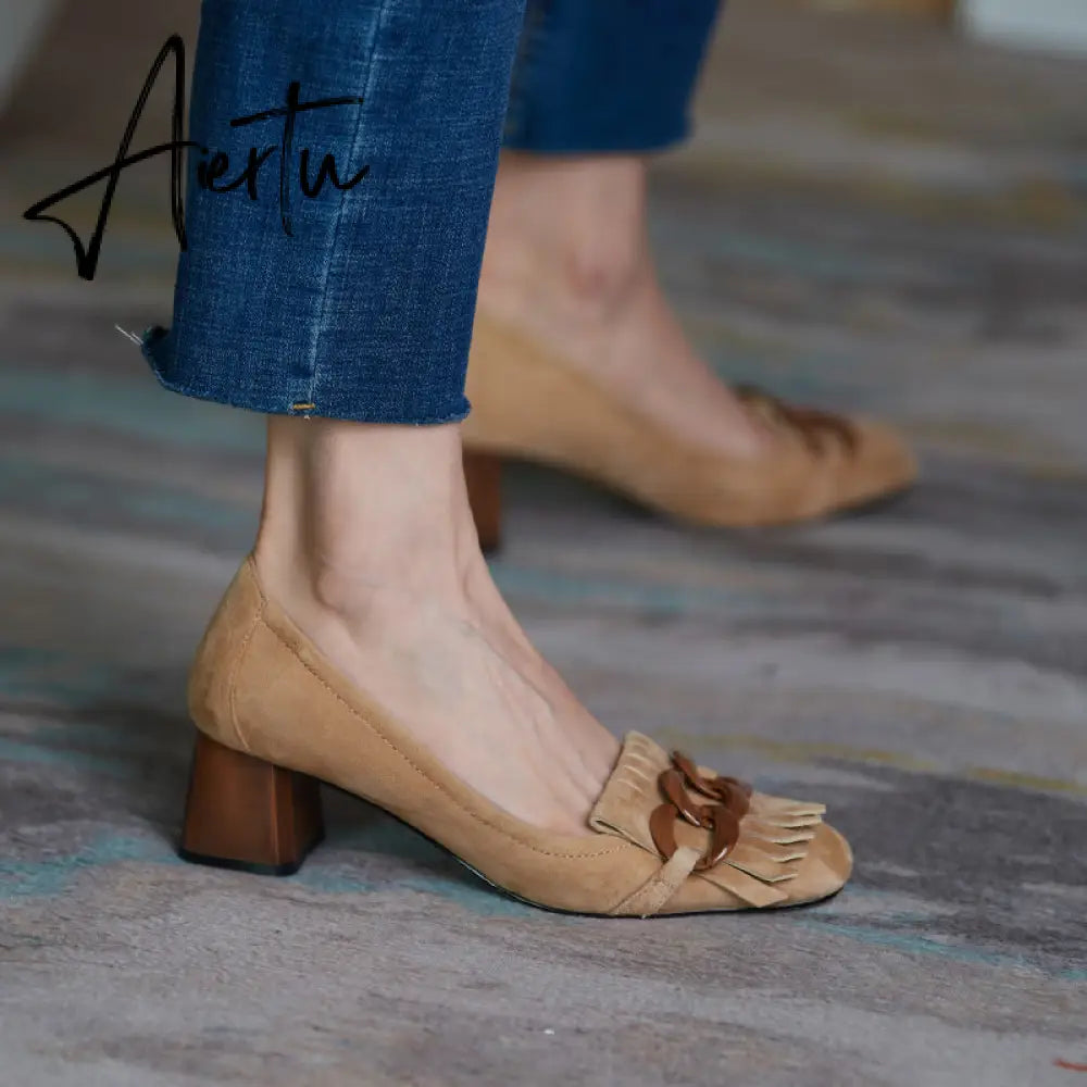 Fashion Newest Women Shoes Spring Thick Heels Pumps for Women Genuine Leather Kid Suede Office Lady Party Shoes for Women Aiertu