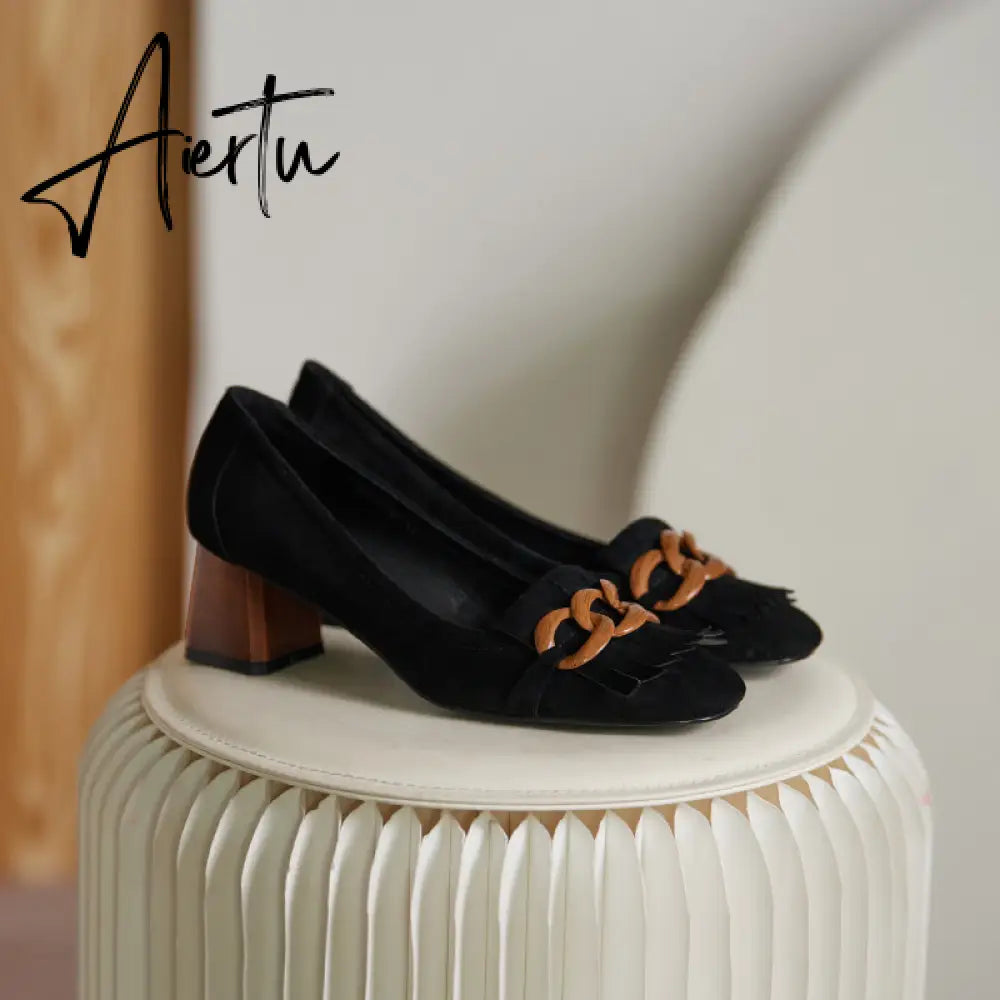 Fashion Newest Women Shoes Spring Thick Heels Pumps for Women Genuine Leather Kid Suede Office Lady Party Shoes for Women Aiertu