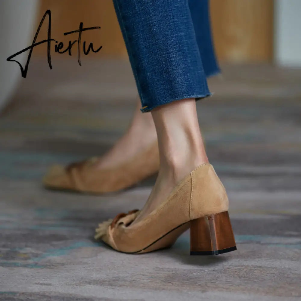 Fashion Newest Women Shoes Spring Thick Heels Pumps for Women Genuine Leather Kid Suede Office Lady Party Shoes for Women Aiertu