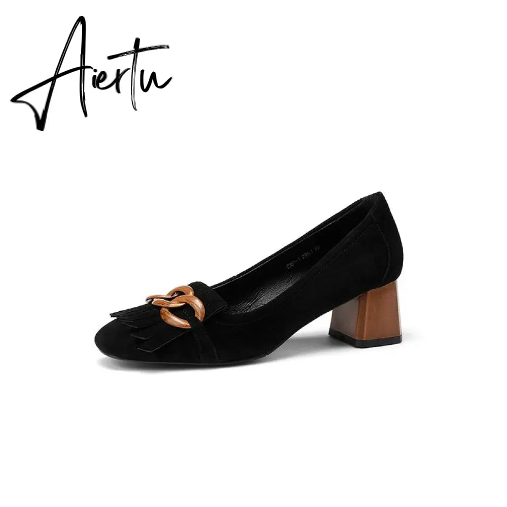 Fashion Newest Women Shoes Spring Thick Heels Pumps for Women Genuine Leather Kid Suede Office Lady Party Shoes for Women Aiertu