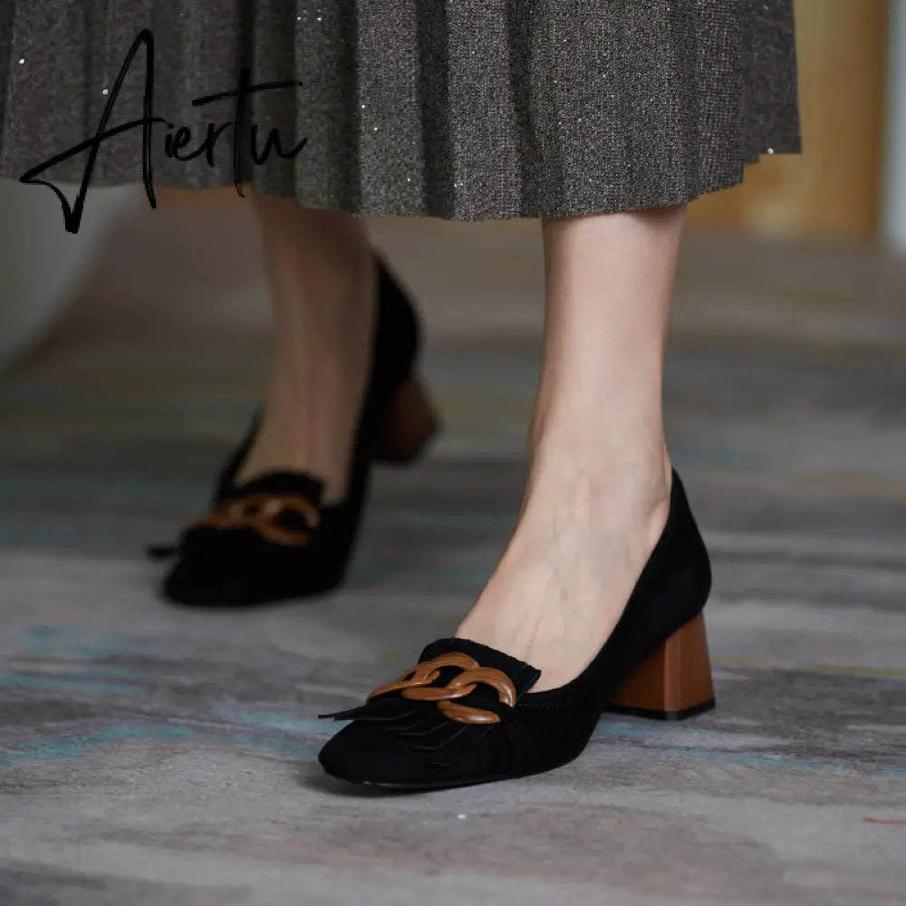 Fashion Newest Women Shoes Spring Thick Heels Pumps for Women Genuine Leather Kid Suede Office Lady Party Shoes for Women Aiertu