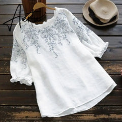 Aiertu Fashion O Neck Cotton Tunic Women's Summer Blouse Causal Half Sleeve Tee Shirts Female Embroidery Tops Aiertu
