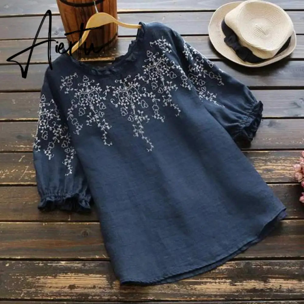 Aiertu Fashion O Neck Cotton Tunic Women's Summer Blouse Causal Half Sleeve Tee Shirts Female Embroidery Tops Aiertu