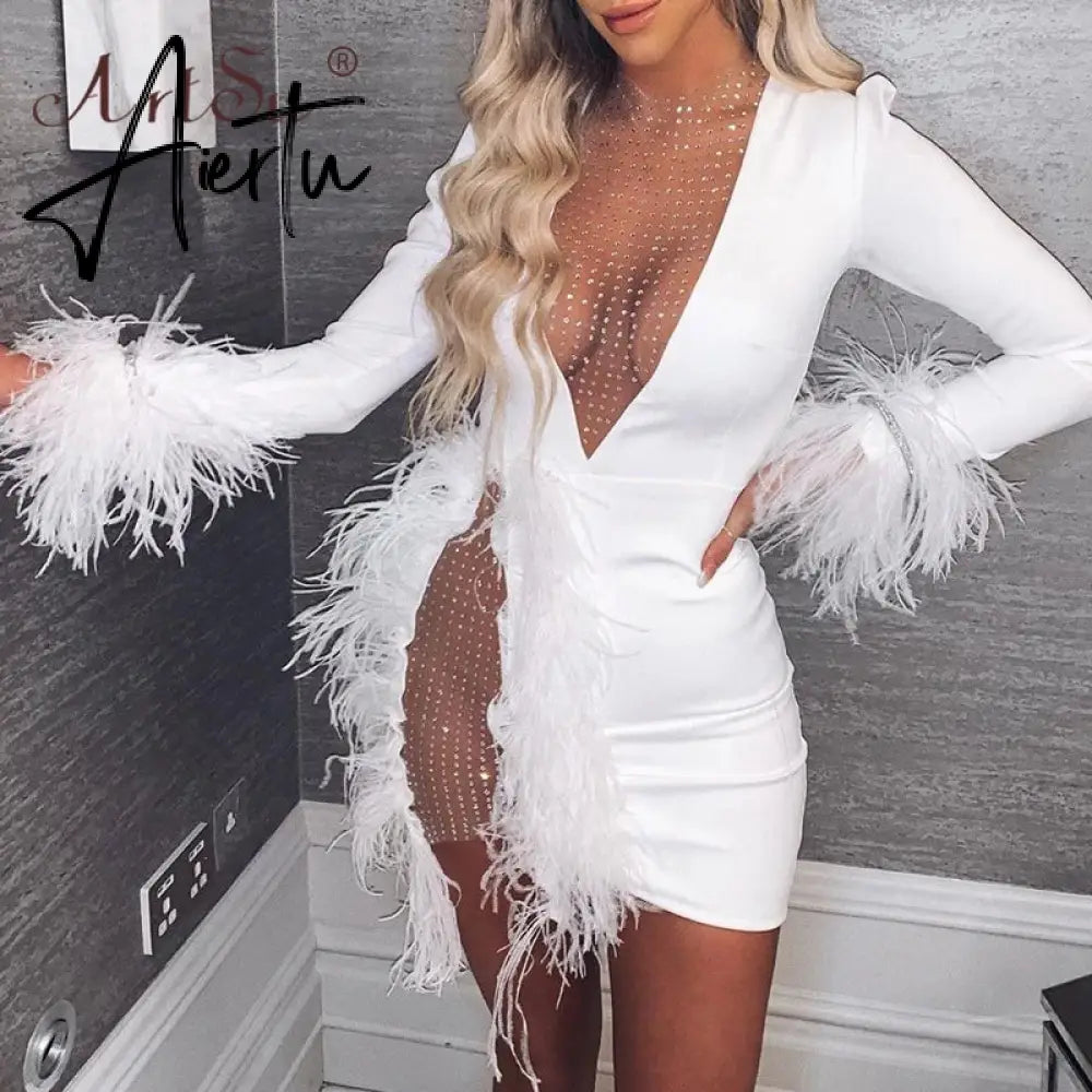 Fashion Patchwork Feather Women Sexy Night Club Party Dress Long Sleeve Bodycon Short Vestidos Hollow Out Mesh Dress White Aiertu