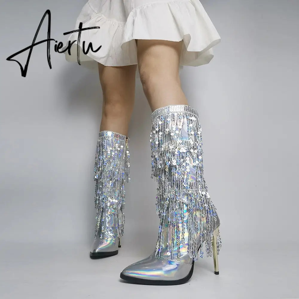 Fashion Pointed Toe Fringe Sequined Mid Calf Boots For Women Zip Metallic Glitter Sexy Elegant Dress Long Shoes Aiertu