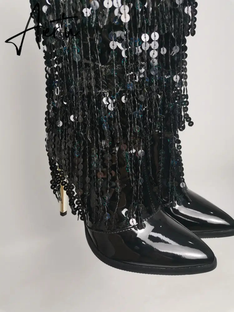 Fashion Pointed Toe Fringe Sequined Mid Calf Boots For Women Zip Metallic Glitter Sexy Elegant Dress Long Shoes Aiertu