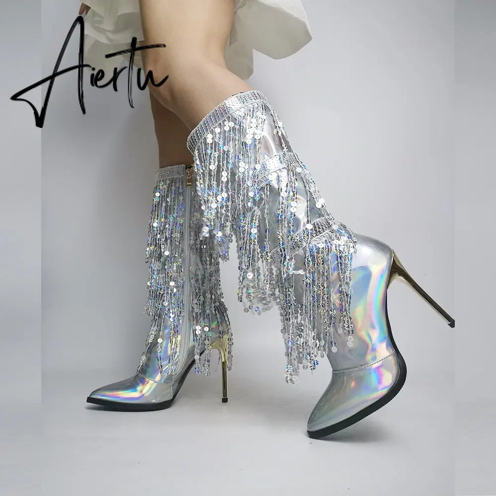 Fashion Pointed Toe Fringe Sequined Mid Calf Boots For Women Zip Metallic Glitter Sexy Elegant Dress Long Shoes Aiertu