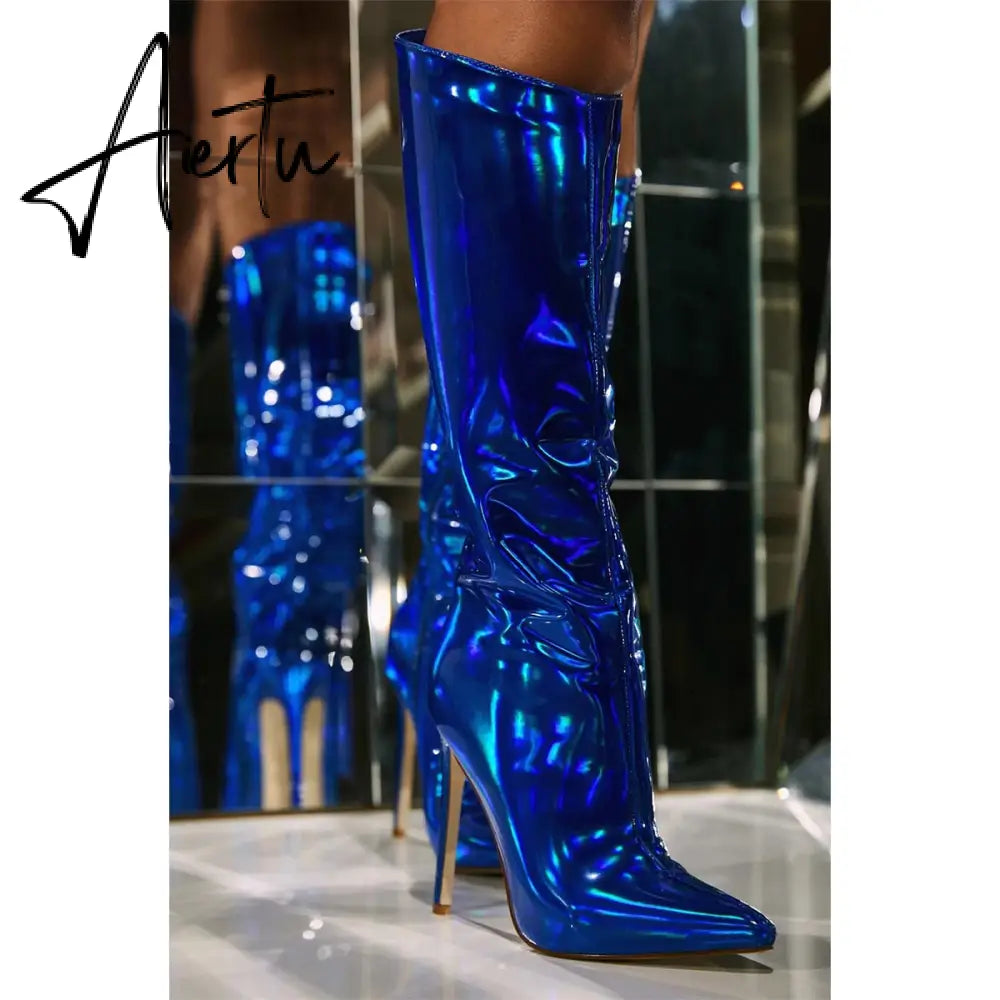 Fashion Pointed Toe Fringe Sequined Mid Calf Boots For Women Zip Metallic Glitter Sexy Elegant Dress Long Shoes Aiertu