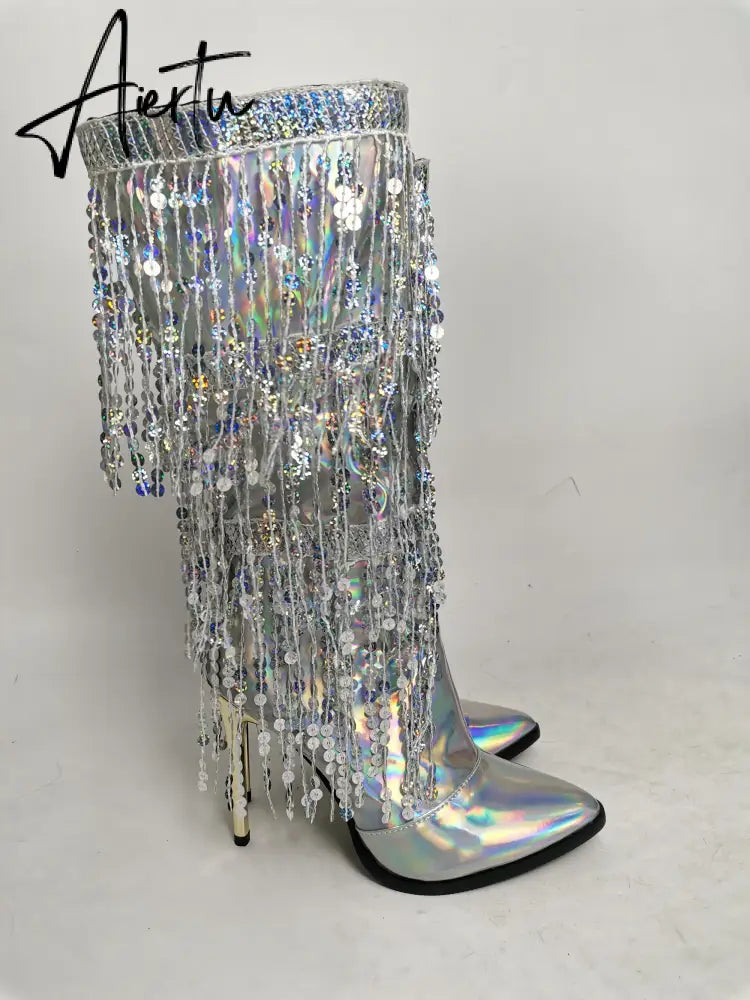 Fashion Pointed Toe Fringe Sequined Mid Calf Boots For Women Zip Metallic Glitter Sexy Elegant Dress Long Shoes Aiertu