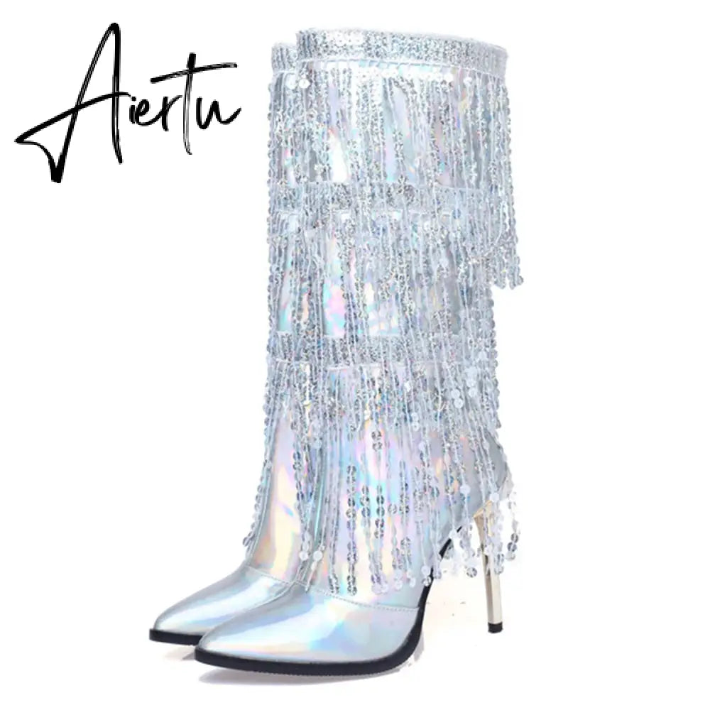 Fashion Pointed Toe Fringe Sequined Mid Calf Boots For Women Zip Metallic Glitter Sexy Elegant Dress Long Shoes Aiertu