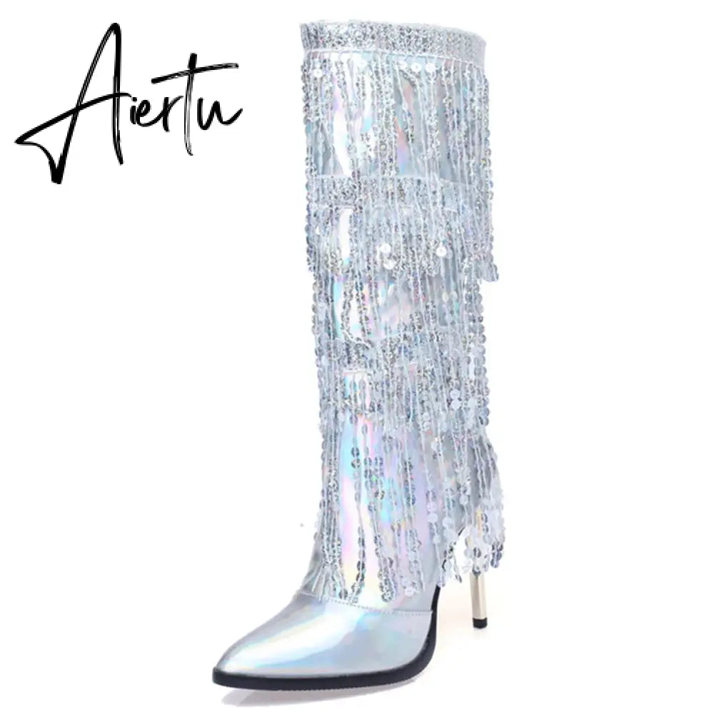 Fashion Pointed Toe Fringe Sequined Mid Calf Boots For Women Zip Metallic Glitter Sexy Elegant Dress Long Shoes Aiertu