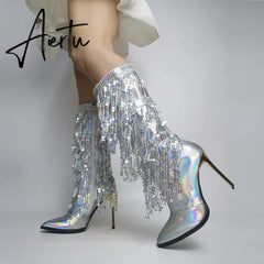 Fashion Pointed Toe Fringe Sequined Mid Calf Boots For Women Zip Metallic Glitter Sexy Elegant Dress Long Shoes Aiertu