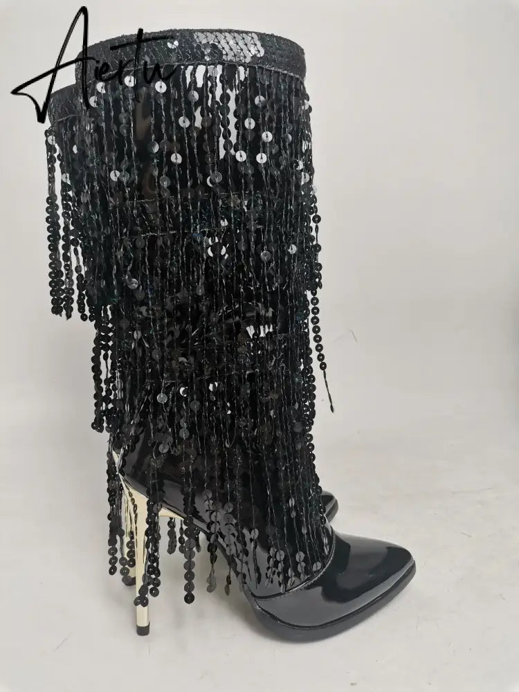 Fashion Pointed Toe Fringe Sequined Mid Calf Boots For Women Zip Metallic Glitter Sexy Elegant Dress Long Shoes Aiertu