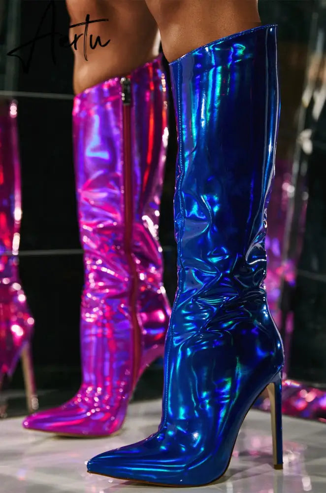 Fashion Pointed Toe Fringe Sequined Mid Calf Boots For Women Zip Metallic Glitter Sexy Elegant Dress Long Shoes Aiertu