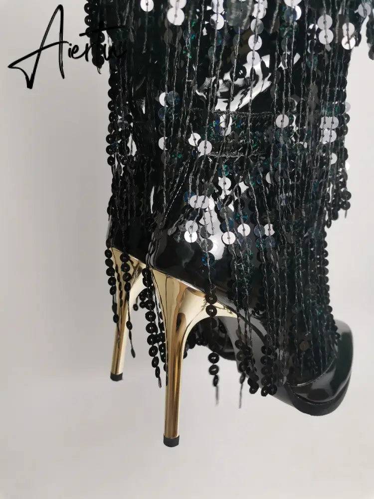 Fashion Pointed Toe Fringe Sequined Mid Calf Boots For Women Zip Metallic Glitter Sexy Elegant Dress Long Shoes Aiertu