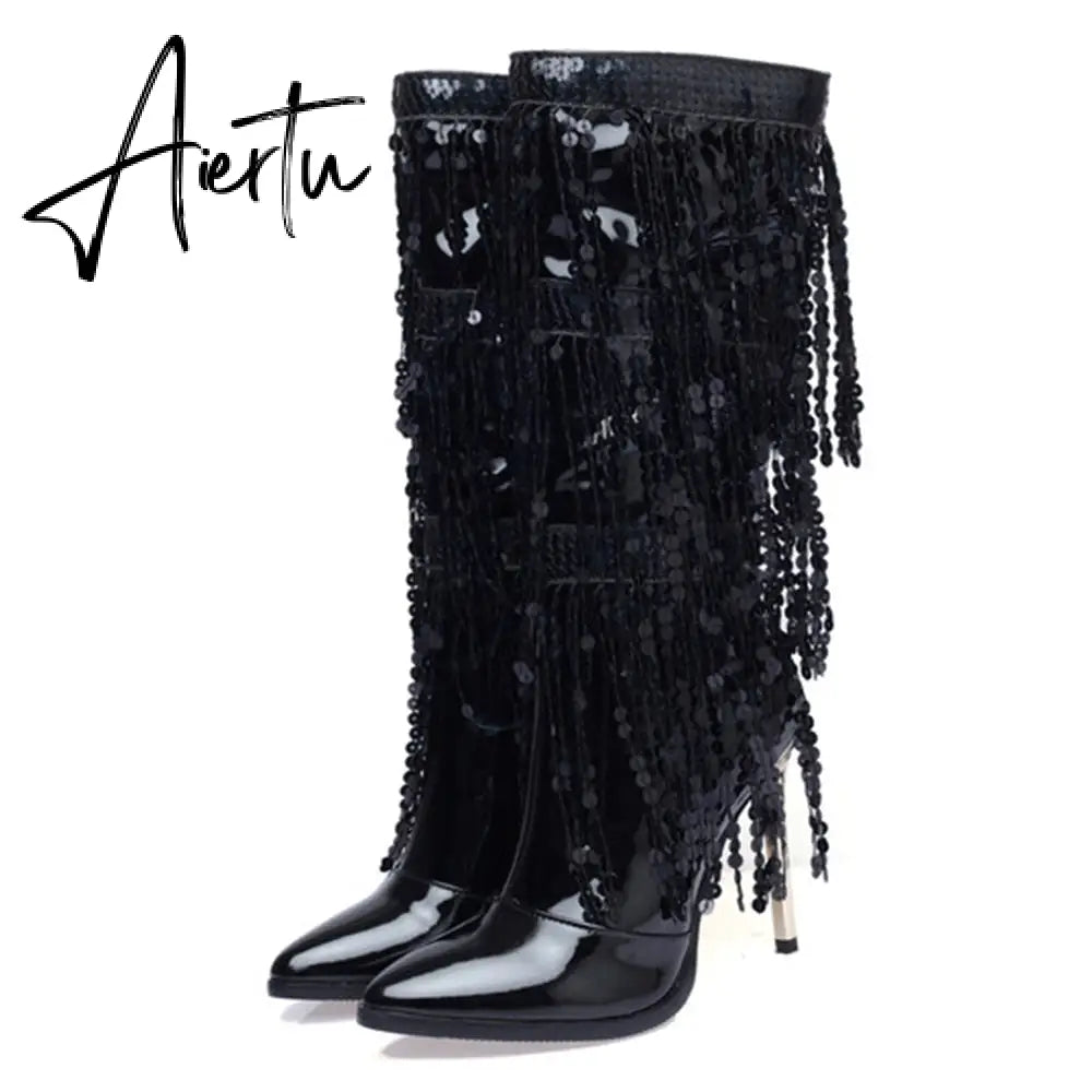 Fashion Pointed Toe Fringe Sequined Mid Calf Boots For Women Zip Metallic Glitter Sexy Elegant Dress Long Shoes Aiertu