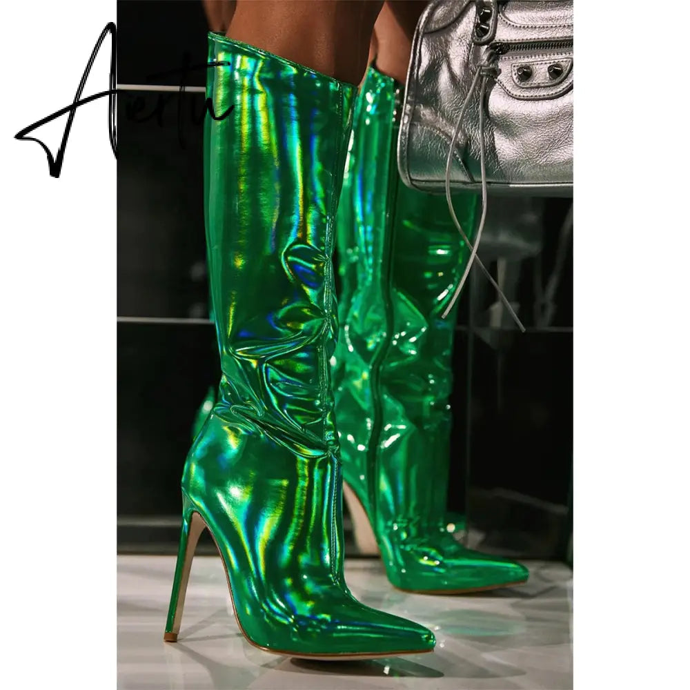 Fashion Pointed Toe Fringe Sequined Mid Calf Boots For Women Zip Metallic Glitter Sexy Elegant Dress Long Shoes Aiertu