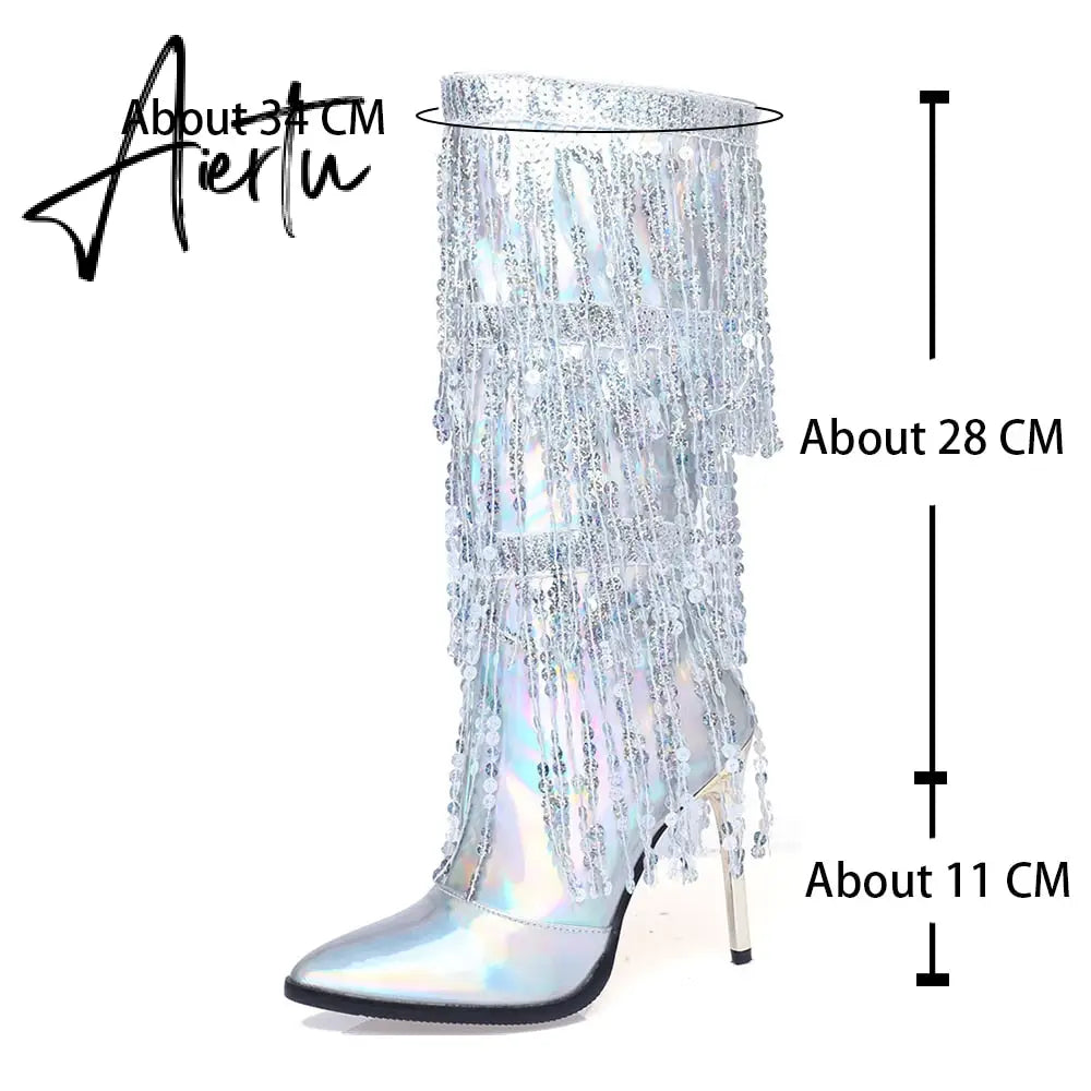 Fashion Pointed Toe Fringe Sequined Mid Calf Boots For Women Zip Metallic Glitter Sexy Elegant Dress Long Shoes Aiertu