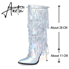 Fashion Pointed Toe Fringe Sequined Mid Calf Boots For Women Zip Metallic Glitter Sexy Elegant Dress Long Shoes Aiertu