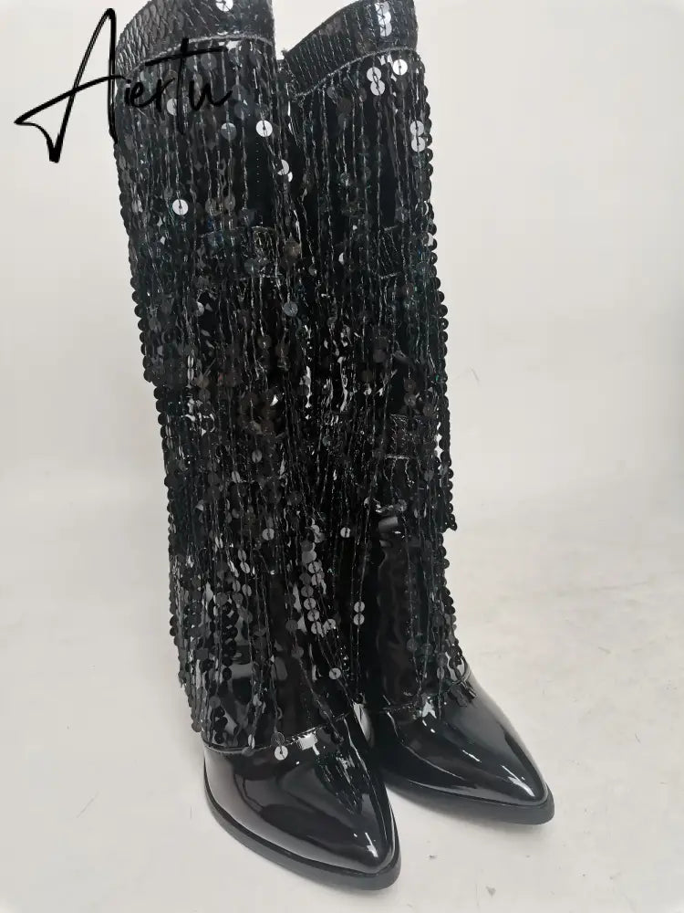 Fashion Pointed Toe Fringe Sequined Mid Calf Boots For Women Zip Metallic Glitter Sexy Elegant Dress Long Shoes Aiertu