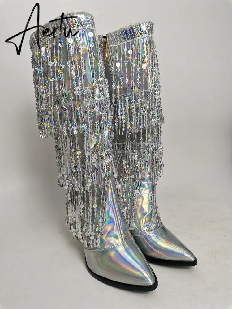 Fashion Pointed Toe Fringe Sequined Mid Calf Boots For Women Zip Metallic Glitter Sexy Elegant Dress Long Shoes Aiertu