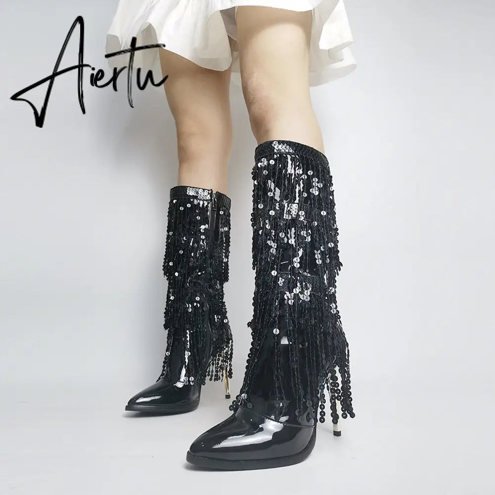 Fashion Pointed Toe Fringe Sequined Mid Calf Boots For Women Zip Metallic Glitter Sexy Elegant Dress Long Shoes Aiertu