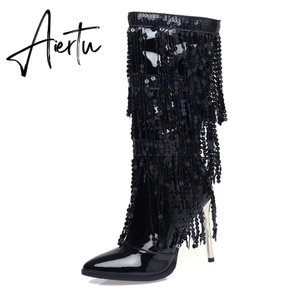 Fashion Pointed Toe Fringe Sequined Mid Calf Boots For Women Zip Metallic Glitter Sexy Elegant Dress Long Shoes Aiertu