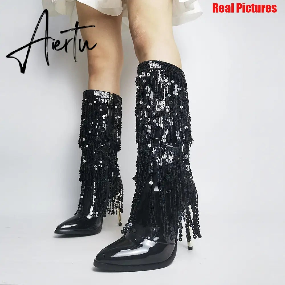 Fashion Pointed Toe Fringe Sequined Mid Calf Boots For Women Zip Metallic Glitter Sexy Elegant Dress Long Shoes Aiertu