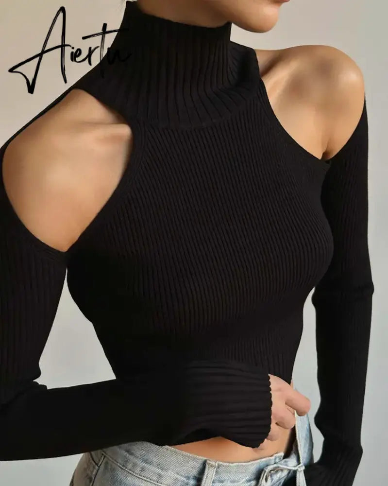 Fashion Ribbed Knit Cut Out Tops Elegant Long Sleeve Sexy Slim Turtleneck Autumn Tops Tees Pullovers Streetwear Aiertu
