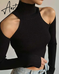 Fashion Ribbed Knit Cut Out Tops Elegant Long Sleeve Sexy Slim Turtleneck Autumn Tops Tees Pullovers Streetwear Aiertu