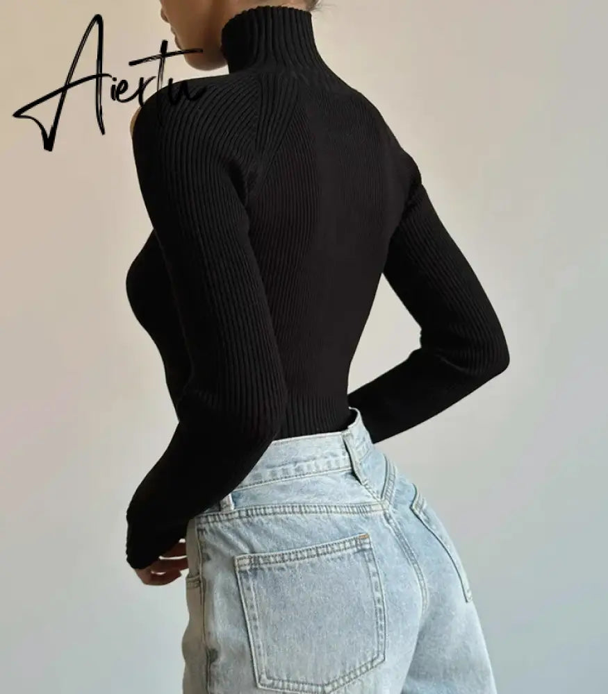 Fashion Ribbed Knit Cut Out Tops Elegant Long Sleeve Sexy Slim Turtleneck Autumn Tops Tees Pullovers Streetwear Aiertu