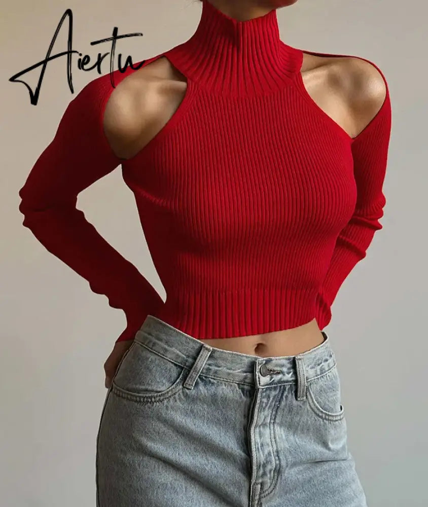 Fashion Ribbed Knit Cut Out Tops Elegant Long Sleeve Sexy Slim Turtleneck Autumn Tops Tees Pullovers Streetwear Aiertu